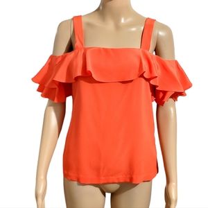 J.CREW 100% Silk Cold Shoulder Ruffle Summer Top G5184 Orange/Red sz XXS (US 00)